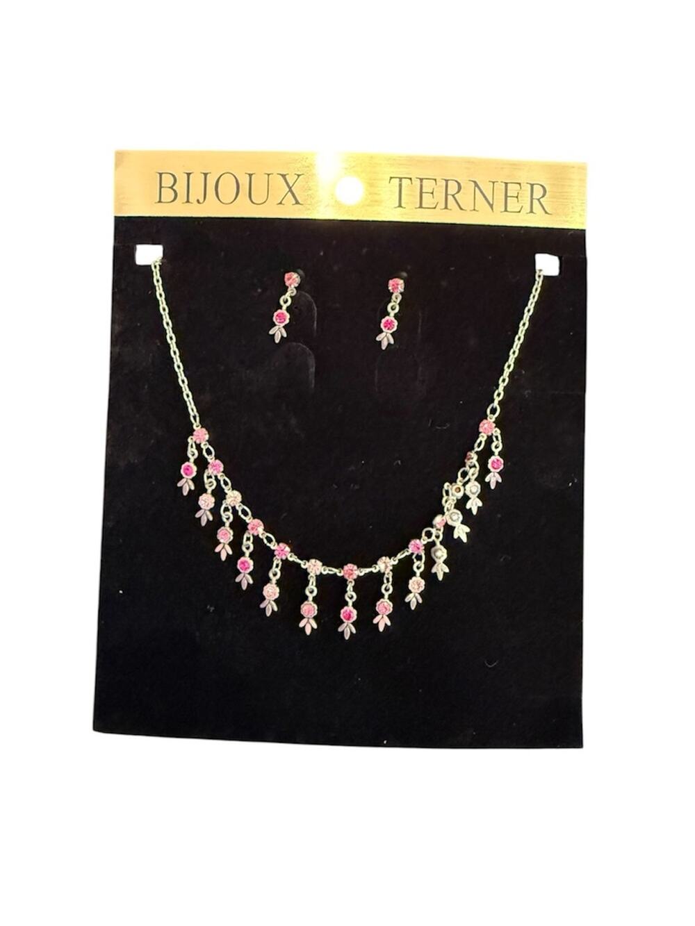 Vintage Bijoux Terner Pink Silver Dangly Necklace and Earring Set